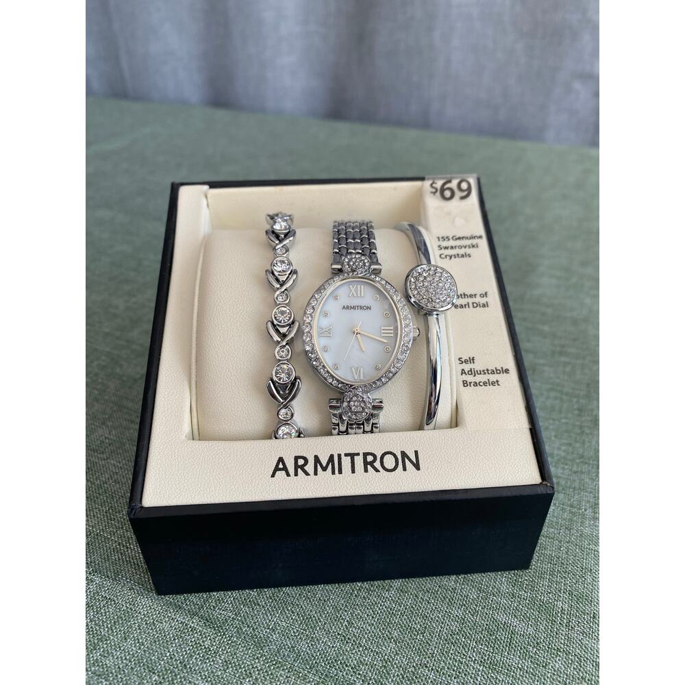 Silver Armitron Women's Watch & Bracelet Set Swarovski Crystal Accents New